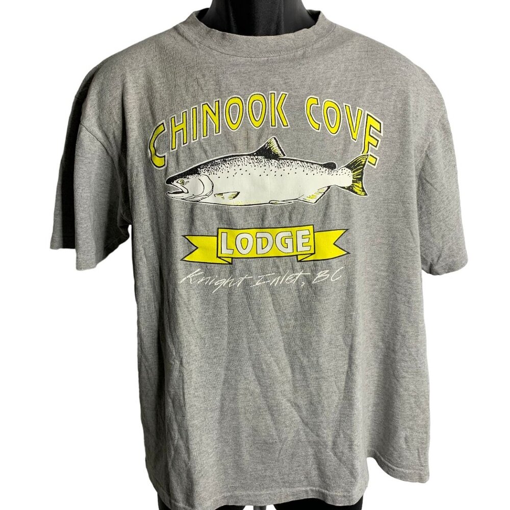 Vintage 90s Chinook Cove Crewneck T Shirt L Grey Single Stitch Short Sleeve Fish